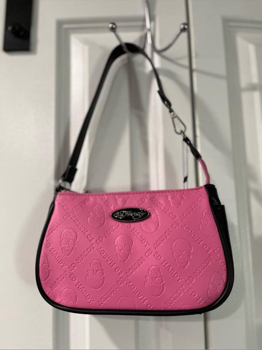 Ed Hardy Pink and Black Embossed Shoulder Bag